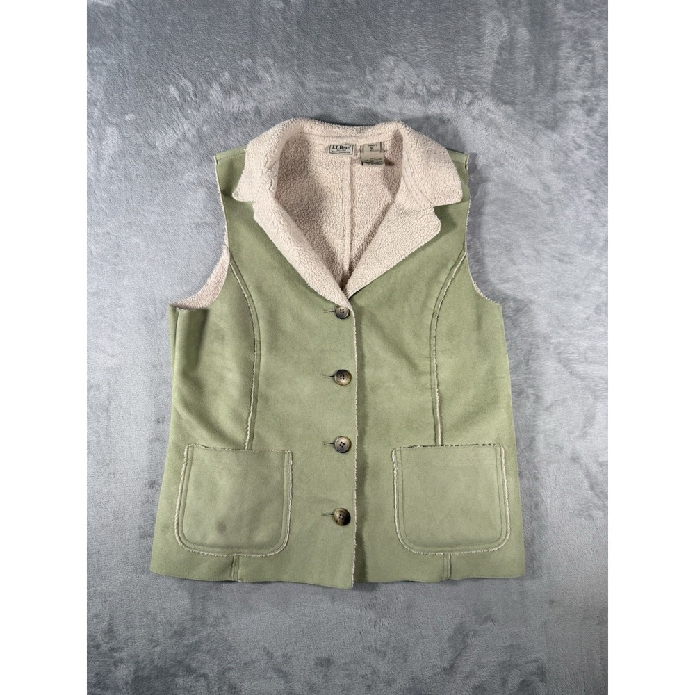 LL Bean Vest Womens Medium Green Sherpa Lined Faux Suede